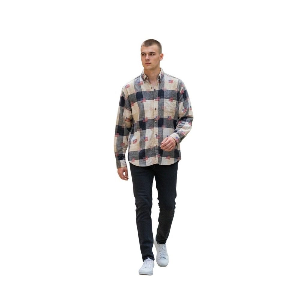 COMPANY ONE Plaid Americana Flag Patchwork Button Down Shirt L 100% Cotton